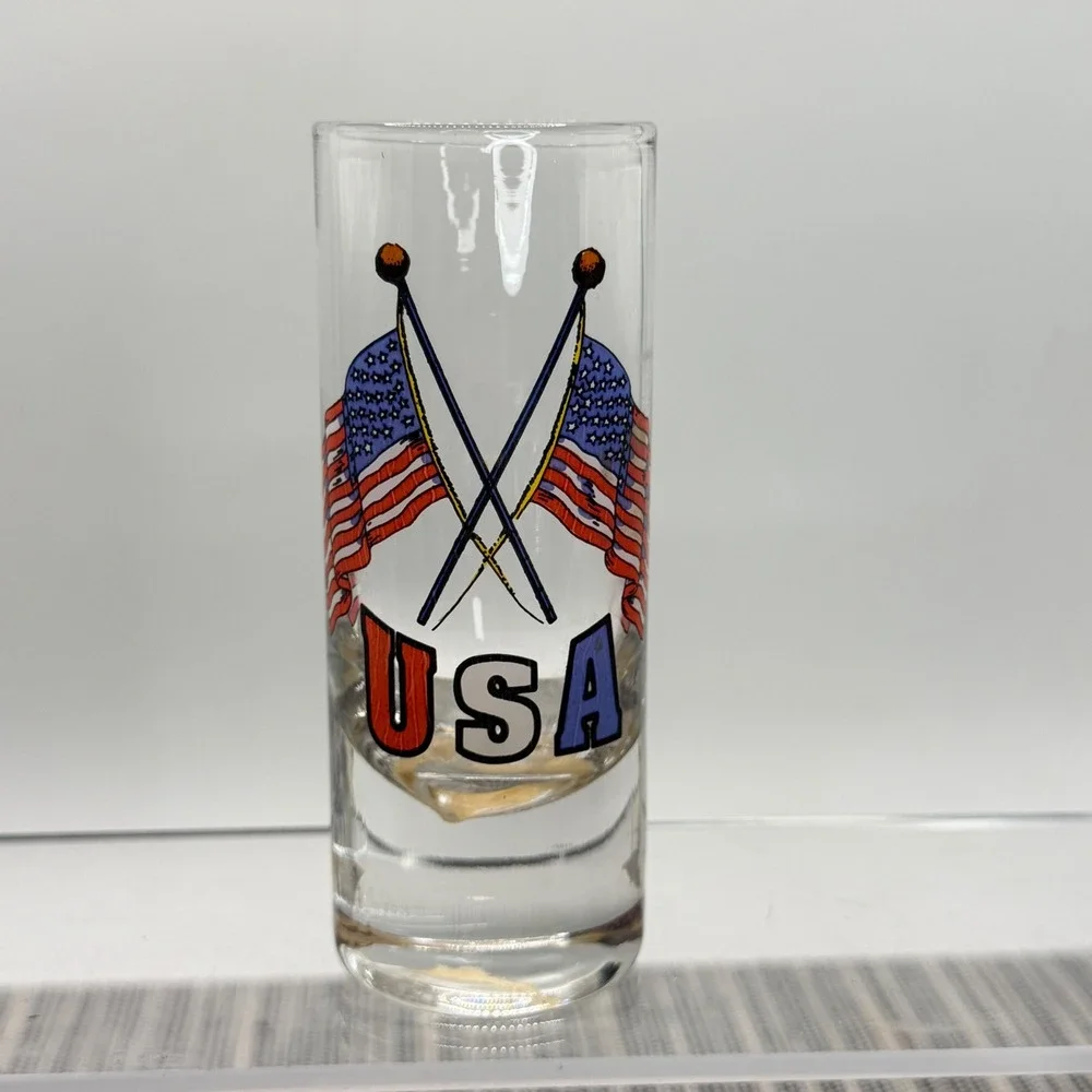 Vintage USA American Flag Tall Shot Glass Clear Patriotic Shooter Barware 2oz